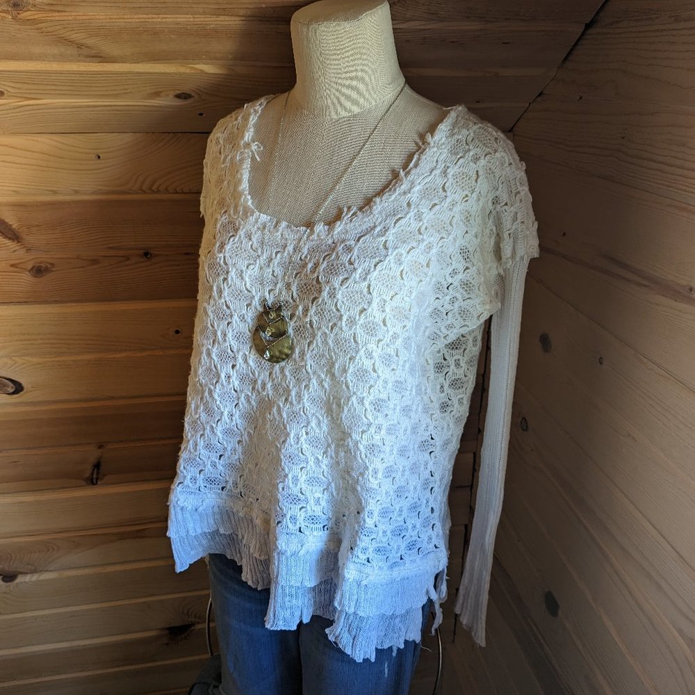 Free People White Open Weave Pullover Sweater